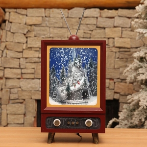 欧式复古电视机模型摆件带灯光圣诞音乐动态下雪小火车过山洞装饰
