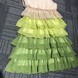 清新配色 绿色渐变蛋糕裙无袖雪纺连衣裙 927