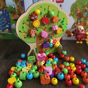 宝宝串珠子木质玩具儿童木制积木婴幼儿园早教益智水果动物穿绳子