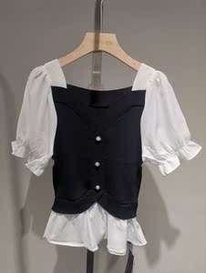 ccxs20128速映女装专柜正品2022夏新针织衫小衫蕾丝雪纺法式拼色