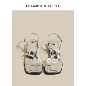 CHAMBER&KETTLE银色方头套趾珍珠罗马凉鞋女夏粗跟气质凉拖女鞋