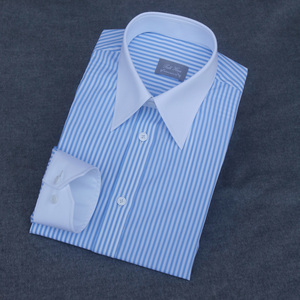 男士伊顿领长尖领条纹长袖衬衫白色领子白色袖口异色领衬衣鸡爪扣