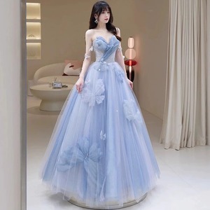 蓝色晚礼服裙女宴会气质轻奢小众高端高级感主持人艺考声乐连衣裙