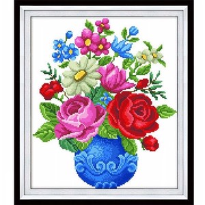 蒙娜丽莎精准印花蓝瓶玫瑰花蓝色花瓶十字绣大格丝线客厅卧室挂画