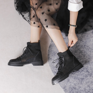 网靴女夏镂空马丁靴内增高夏季薄款网红新款针织短靴真皮洞洞凉靴