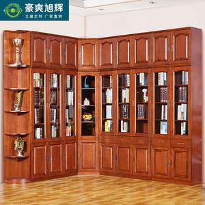 香樟木书柜23门自由组合转角现代中式全实木办公图书馆书橱定制