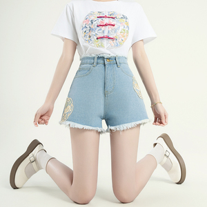 妖精的商场同款刺绣牛仔短裤女2024夏季新款中式国风小衫时髦套装