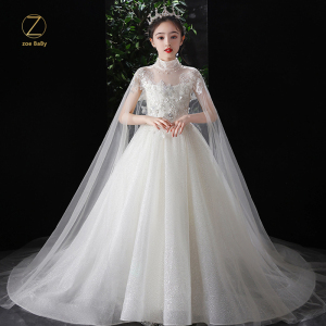 女童晚礼服白色高端拖尾公主裙儿童钢琴演奏演出服花童婚礼婚纱裙