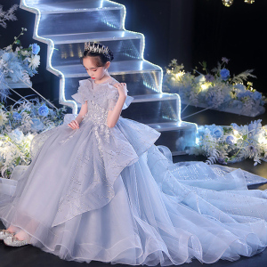 霸气女童礼服拖尾花童婚礼小女孩十岁生日公主裙钢琴演出表演长裙