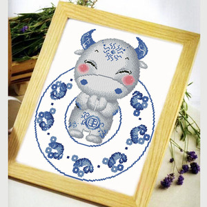 法国dmc十字绣 小幅新款生肖 青花瓷动物系列之牛 精准印花