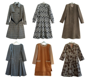 日本制vintage古着复古森女格纹条纹印花拉琏羊毛长袖连衣裙孤品