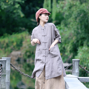 古石后原创布衣复古中国风盘扣色织麻对襟旗袍领中长款衬衫女夏季