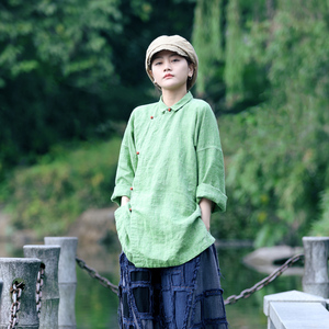 古石后原创布衣春季色织亚麻大码宽松小立领复古衬衫绿色盘扣上衣