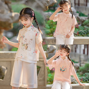 女童短袖雪纺刺绣汉服2024中国风套装宝宝上衣裙子儿童民族仙女