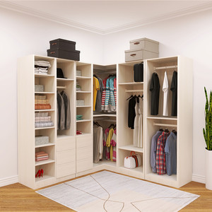 简约l型衣柜实木质小户型90度转角柜7字墙角柜开放式拐角衣橱定制