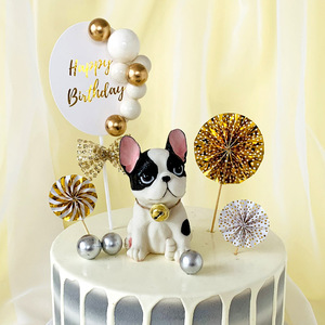 铃铛小狗蛋糕摆件斑点法斗狗烘焙装饰生肖狗狗太阳纸扇花蛋糕插牌