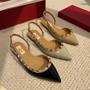 valentino/华伦天奴女鞋漆皮铆钉尖头一字带平度鞋后系带浅口凉鞋