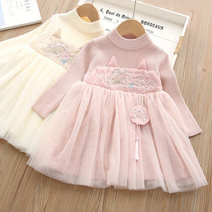 女童毛衣拼接纱裙2021秋冬新款宝宝洋气中国风公主网纱针织连衣裙
