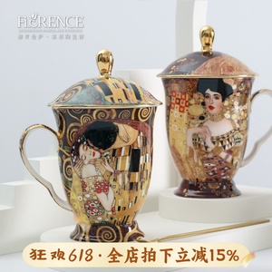 欧式创意复古骨瓷马克水杯家用时尚陶瓷杯子办公室咖啡茶杯带盖勺