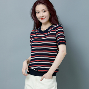 条纹t恤女士短袖2021年新款女装夏季中袖短款上衣宽松百搭丅t桖潮