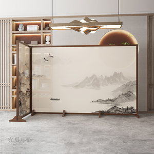 中式屏风隔断客餐厅实木玄关茶室会客室包间背景墙l型山水大座屏