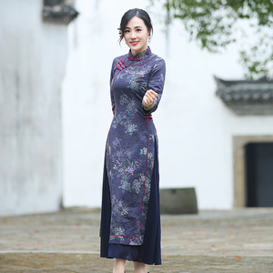如意风奥黛旗袍中国风新中式连衣裙春秋季长袖长裙年轻款气质女装