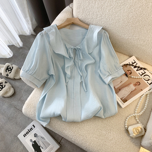 荷叶边雪纺蓝色衬衫女夏季2024新款设计感小众法式甜美娃娃衫上衣