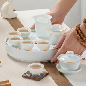 潮汕小号功夫茶杯茶船套装甜白玉瓷盖碗茶具茶盘整套家用办公简约