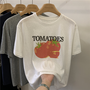 美式复古番茄印花短袖t桖女2024夏季新款休闲宽松设计感字母上衣