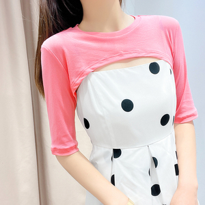 外搭防晒罩衫女夏新款半袖超短款网纱披肩五分袖冰丝半截圆领上衣