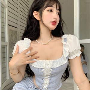 清纯甜美可爱少女装 纯欲主播服装 性感显胸大蓝格子绑带小衫上衣