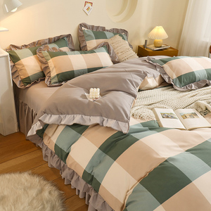 多尺寸韩式花边条纹格子四件套纯色床裙磨毛加厚床单被套床上用品