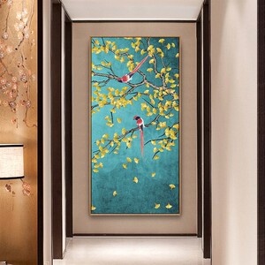 纯手绘油画大幅竖版枝头喜鹊动物挂画新中式简约玄关背景墙装饰画