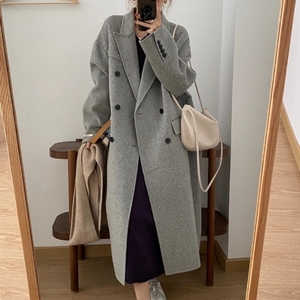 灰色双面羊绒大衣女中长款2021年新款韩版西服领双排扣毛呢外套女