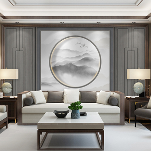 新中式水墨山水护墙板客厅沙发影视墙布3d电视背景墙壁纸定制壁画