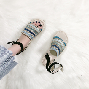 yukiki凉鞋女夏2019新款一字带百搭学生平底厚底露趾草编渔夫鞋女