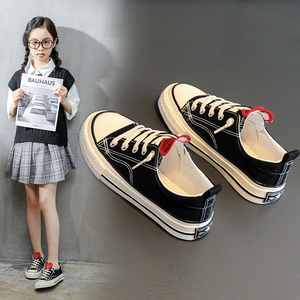 黑色女童鞋子韩版潮范儿童帆布鞋2022春季低帮小女孩板鞋透气布鞋