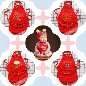 宝宝百天传统喜庆肚兜儿童红色肚兜套装虎头帽子婴儿拍照衣服道具
