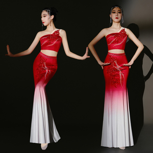 傣族舞蹈服装演出服女红色现代孔雀舞表演服独舞艺考长裙套装夏季