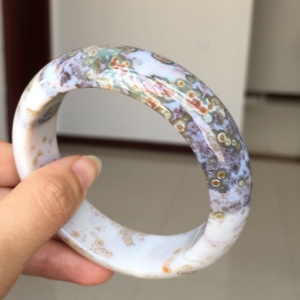 天然海洋碧玉手镯 高玉化老坑料 鱼虫卵海藻化石 个性 奇幻花纹