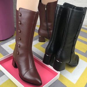 女士粗跟皮靴2021冬季新款欧美中筒马丁靴真皮时装靴中跟高筒女靴