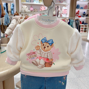 婴童冬款女童加绒花边领卫衣卡通小熊童装拼接毛毛袖T0MW224T52A