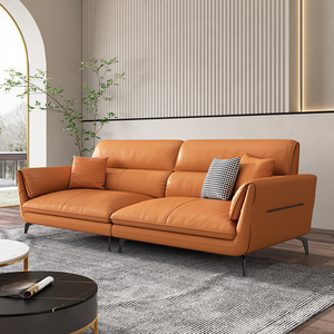 意式极简真皮沙发头层牛皮轻奢现代小户型客厅直排三人位橙色沙发