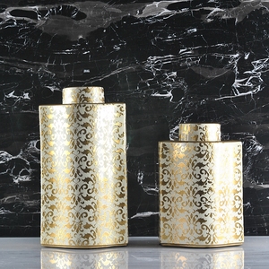 欧式现代亮金色白色拼接宫廷轻奢装饰罐储物罐摆件家居装饰品摆设