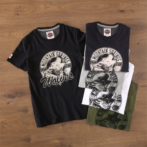 air&rainbow美式复古狼头印花纯棉水洗男士圆领短袖t恤明明193019.