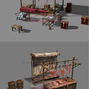 古代集市街道商铺摊位货摊3dmax模型农产品包子铺肉铺药铺首饰铺