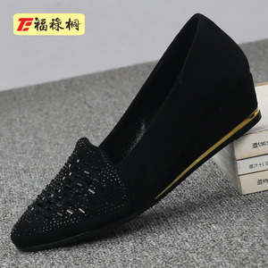 福禄桐新款老北京布鞋女款坡跟水钻黑色单鞋舒适工作上班鞋春秋季