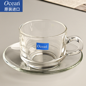 进口Ocean透明耐热玻璃杯咖啡杯套装带把杯意式浓缩泡红茶杯带碟