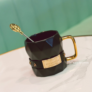 星巴克杯子新款黑金棱面马克杯陶瓷杯情侣水杯礼盒创意美式咖啡杯