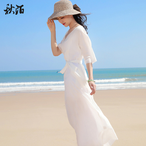 苎麻旗袍连衣裙女夏高端V领显瘦气质白色仙仙长款系带很仙的长裙